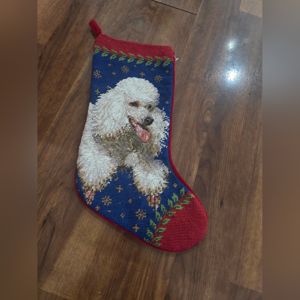 Vintage Handicraft Festive White Poodle Needlepoint Christmas Stocking Wool